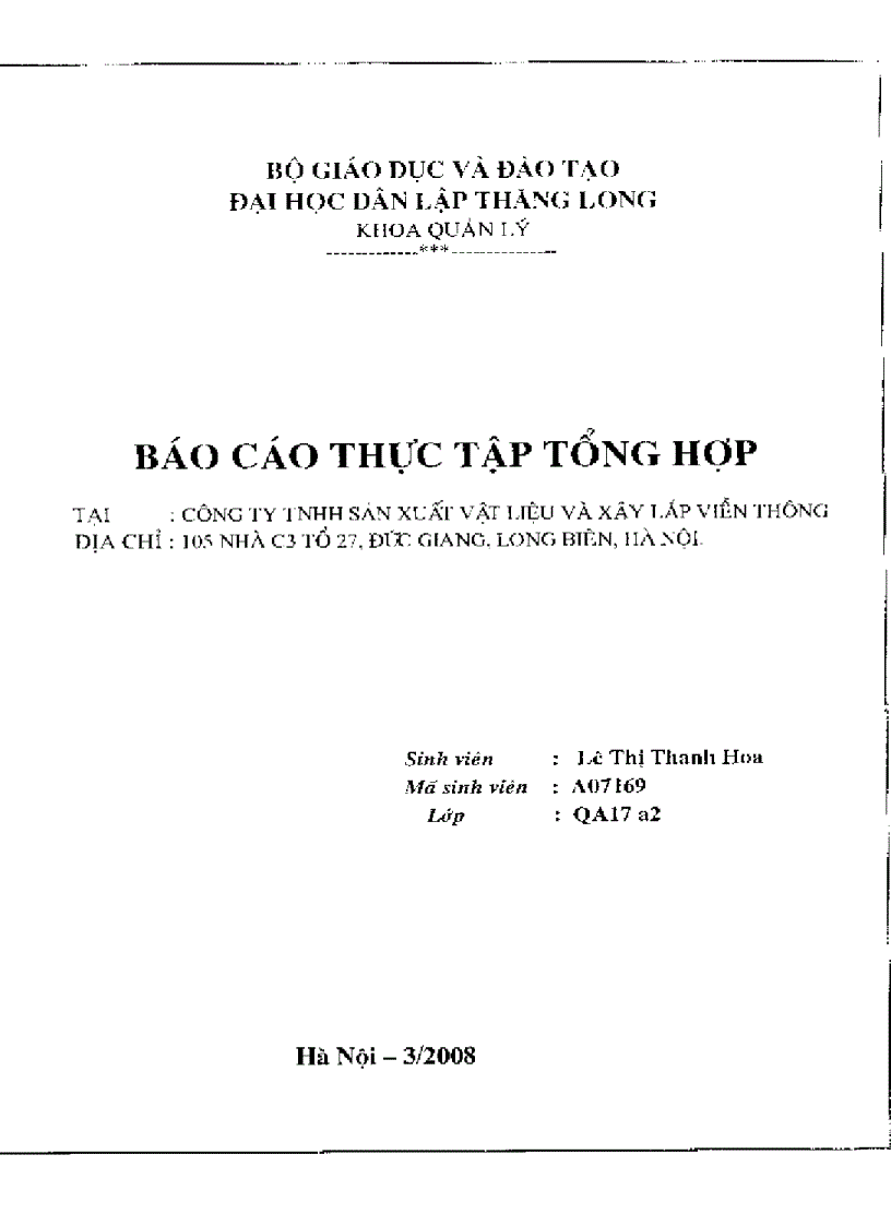 Báo cáo thực tập tại công ty TNHH sản xuất vật liệu và Xây lắp viễn thông