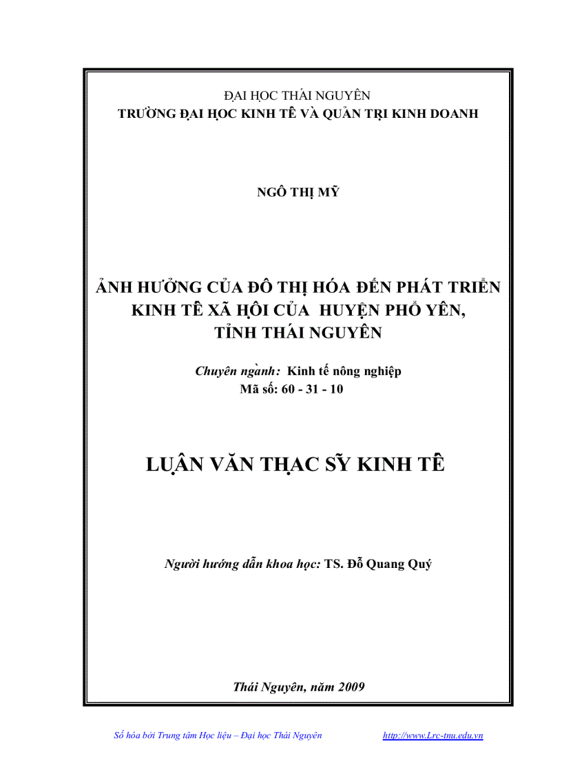 Ảnh hưởng của đô thị hoá đến phát triển kinh tế xã hội của huyện Phổ Yên tỉnh Thái Nguyên