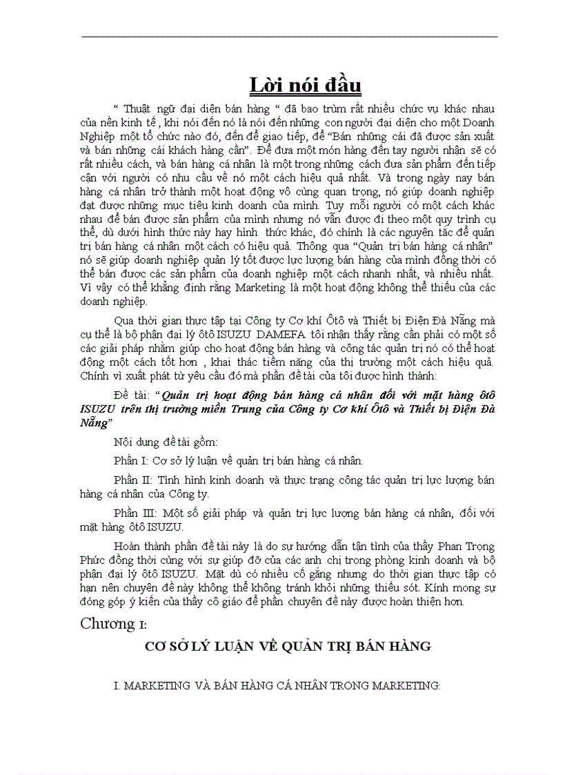 Quản trị hoạt động bán hàng cá nhân đối với mặt hàng ôtô ISUZU trên thị trường miền Trung của Công ty Cơ khí Ôtô và Thiết bị Điện Đà Nẵng