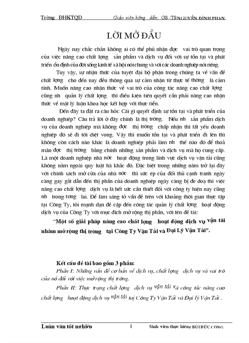 Một số giải pháp nâng cao chất lượng hoạt động dịch vụ vận tải nhằm mở rộng thị trường tại Công Ty Vận Tải và Đại Lý Vận Tải