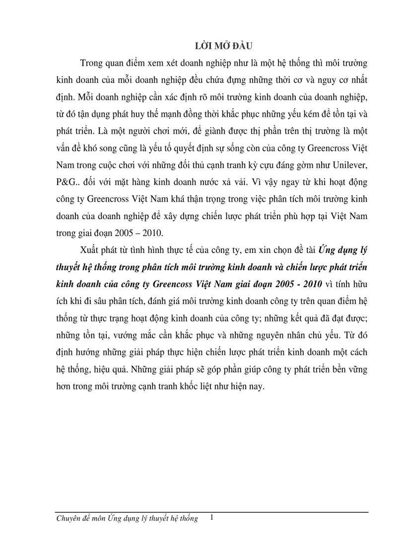 Ứng dụng lý thuyết hệ thống trong phân tích môi trường kinh doanh và chiến lược phát triển kinh doanh của công ty Greencoss Việt Nam giai đoạn 2005 2010