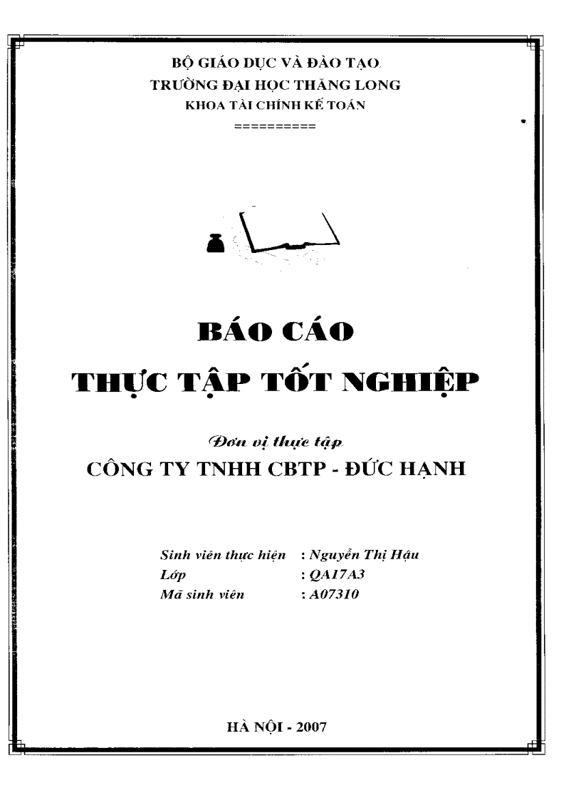 Báo cáo thực tập tại Công ty TNHH CBTP Đức Hạnh