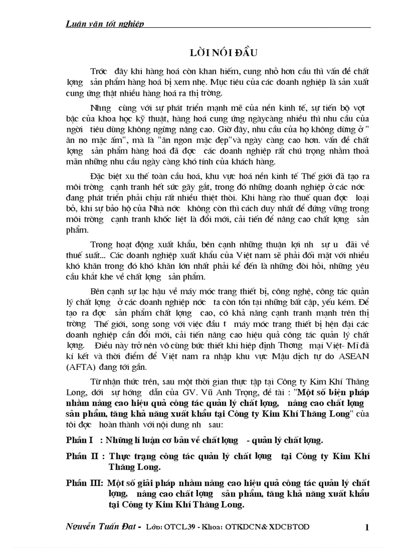 Một số biện pháp nhằm nâng cao hiệu quả công tác quản lý chất lượng nâng cao chất lượng sản phẩm tăng khả năng xuất khẩu tại Công ty Kim Khí Thăng Long
