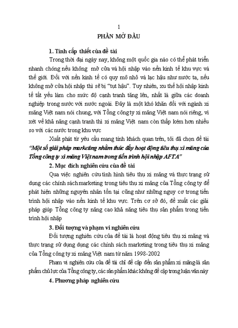 Một số giải pháp marketing nhằm thúc đẩy hoạt động tiêu thụ xi măng của Tổng công ty xi măng Việt nam trong tiến trình hội nhập AFTA