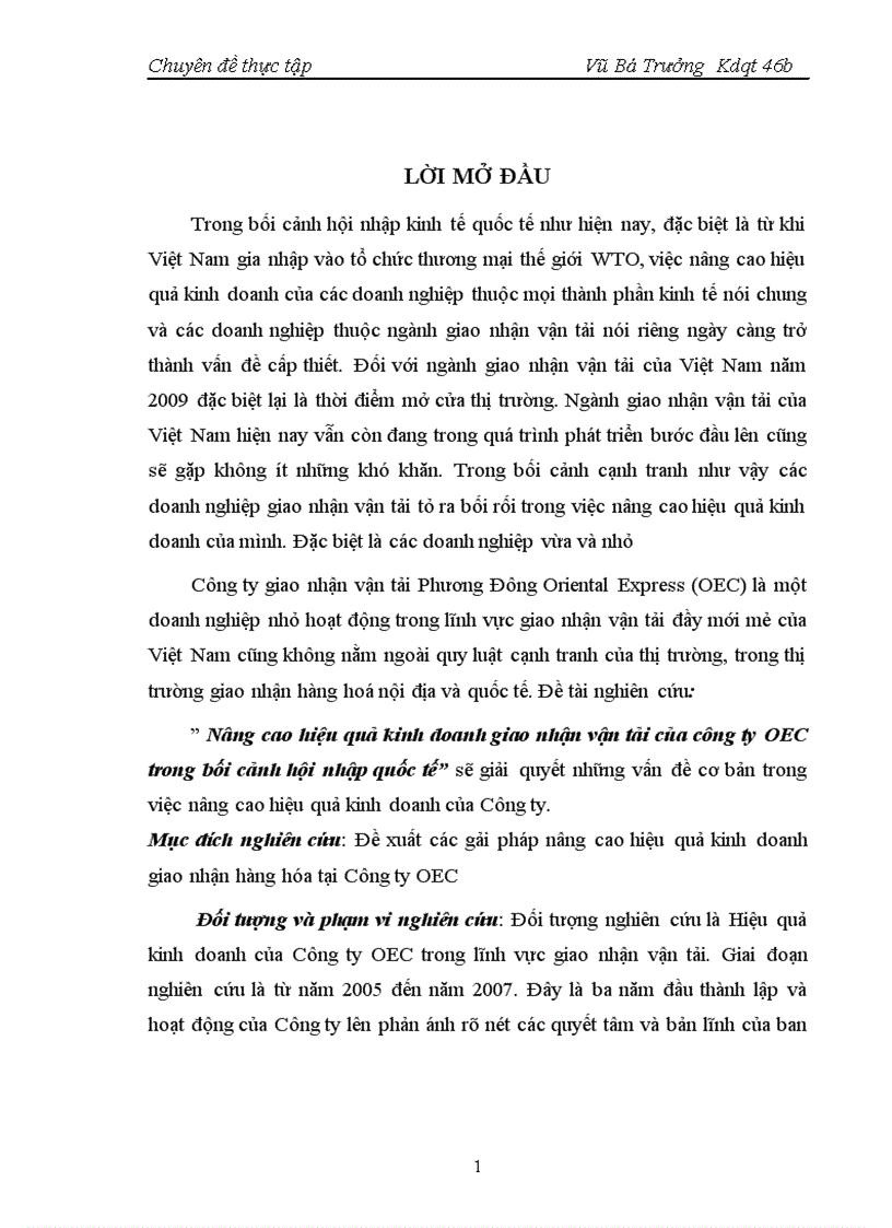 Nâng cao hiệu quả kinh doanh giao nhận vận tải của công ty OEC trong bối cảnh hội nhập quốc tế