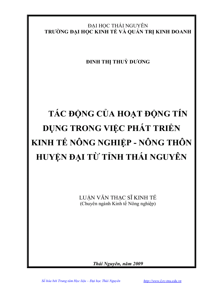 Tác động của hoạt động tín dụng trong việc phát triển Kinh tế nông nghiệp Nông thôn tại huyện Đại Từ tỉnh Thái Nguyên