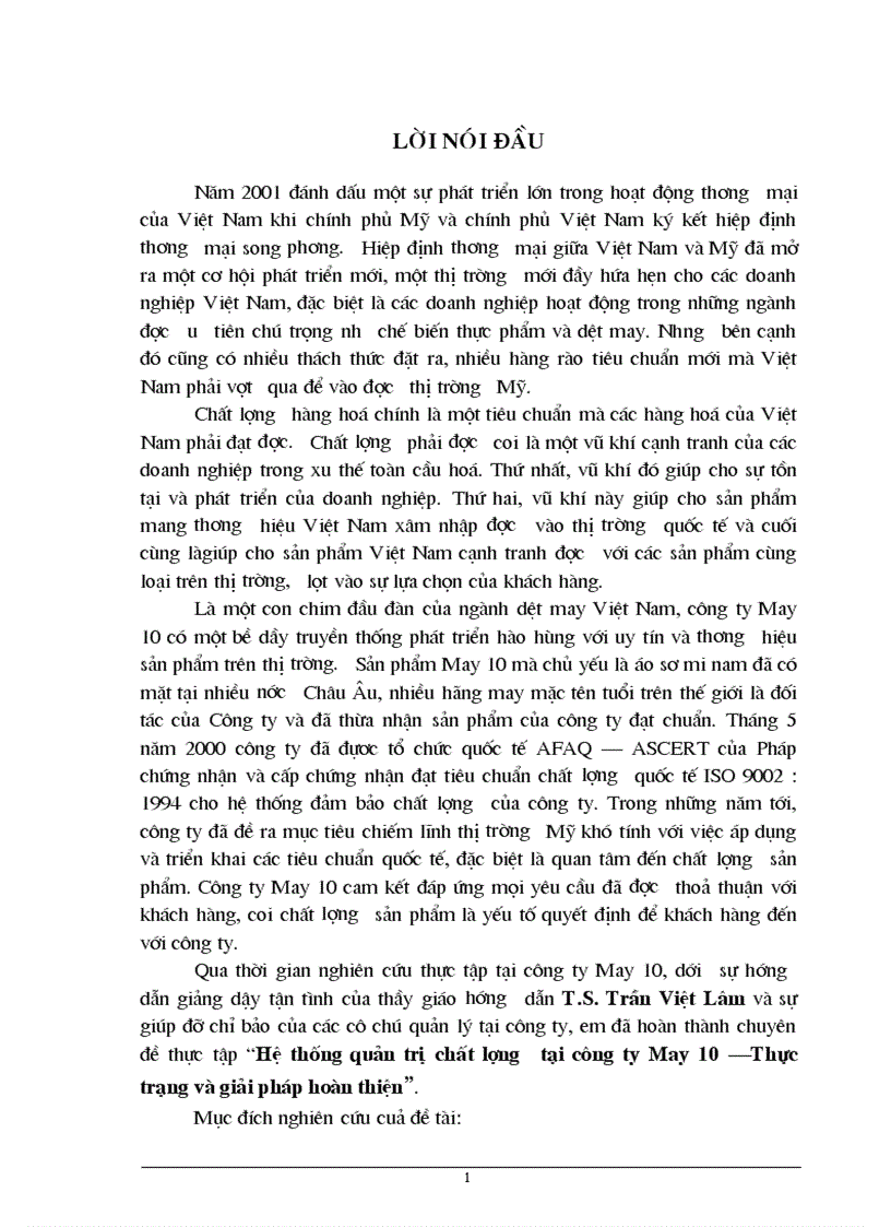Hệ thống quản trị chất lượng tại công ty May 10 Thực trạng và giải pháp hoàn thiện