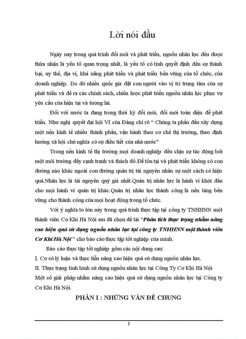 Phân tích thực trạng nhằm nâng cao hiệu quả sử dụng nguồn nhân lực tại công ty TNHHNN một thành viên Cơ Khí Hà Nội
