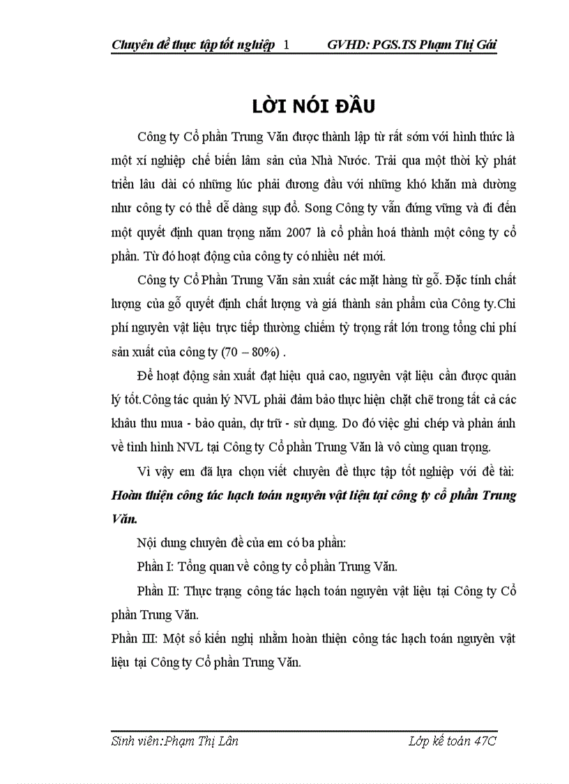Hoàn thiện công tác hạch toán nguyên vật liệu tại công ty cổ phần Trung Văn