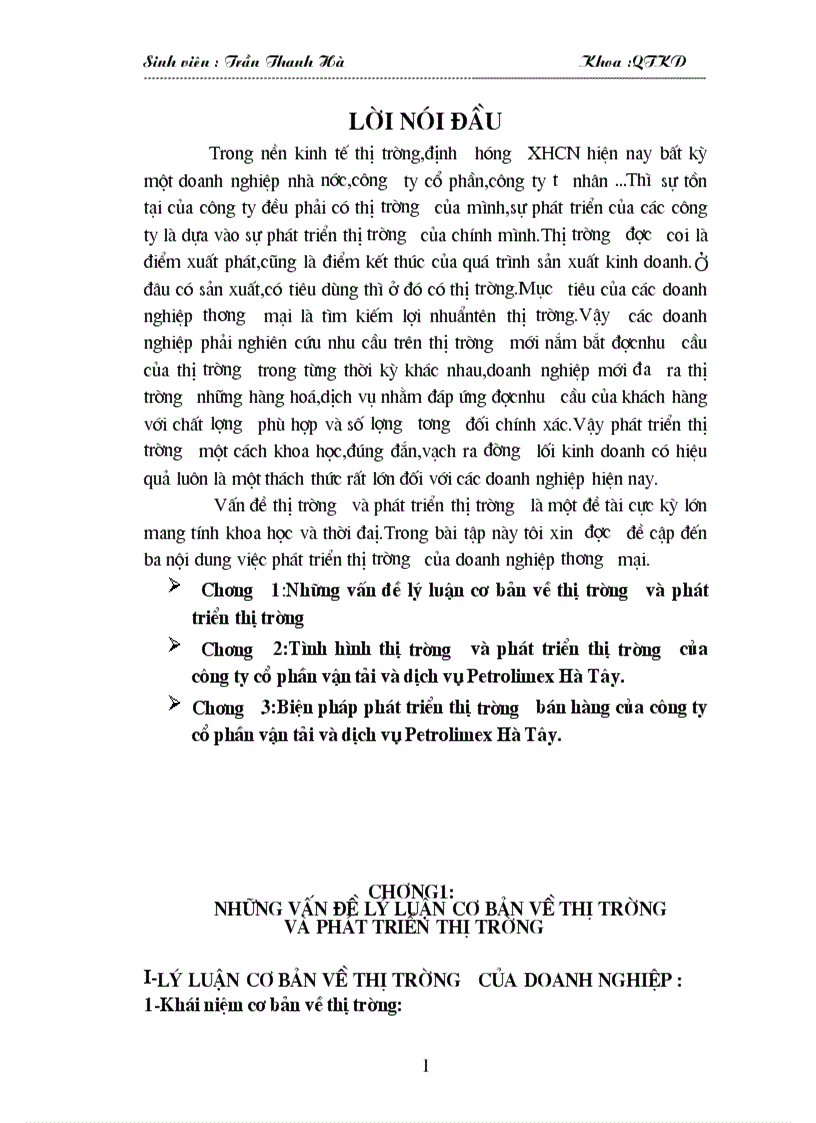 Tình hình thị trường và phát triển thị trường của công ty cổ phần vận tải và dịch vụ Petrolimex Hà Tây