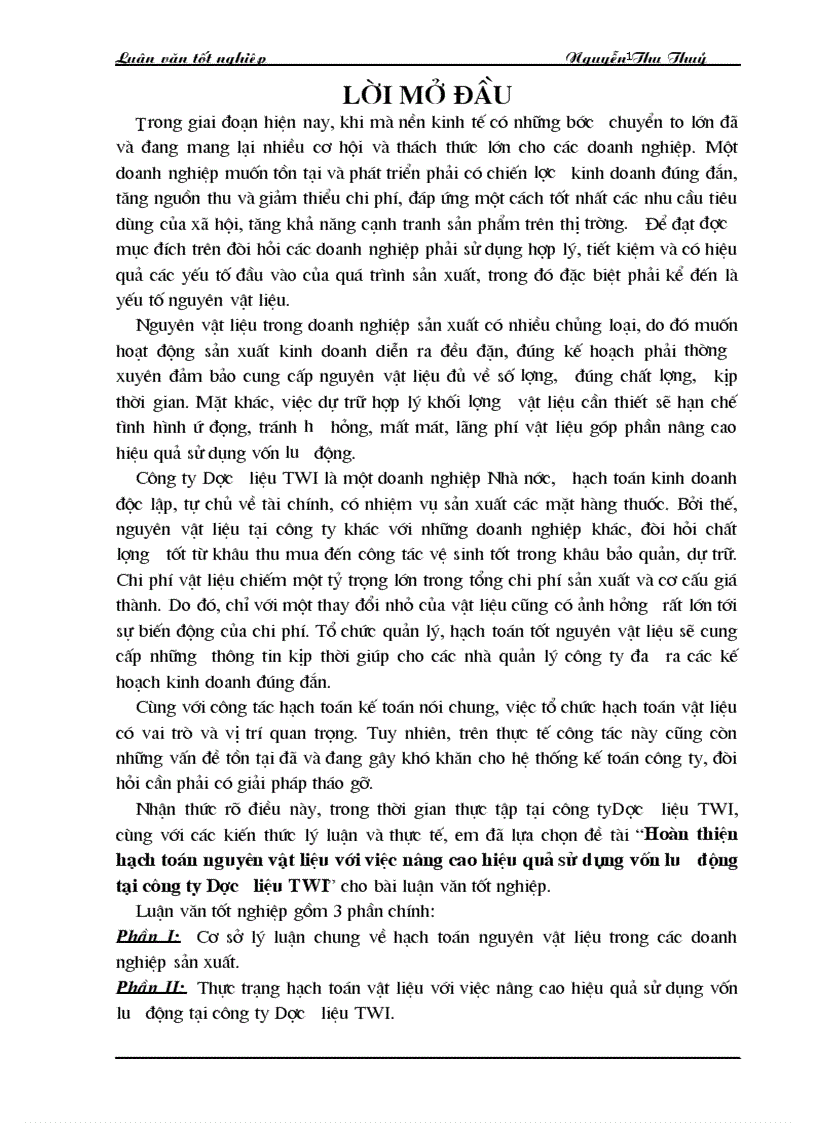 Hoàn thiện hạch toán nguyên vật liệu với việc nâng cao hiệu quả sử dụng vốn lưu động tại công ty Dược liệu TWI
