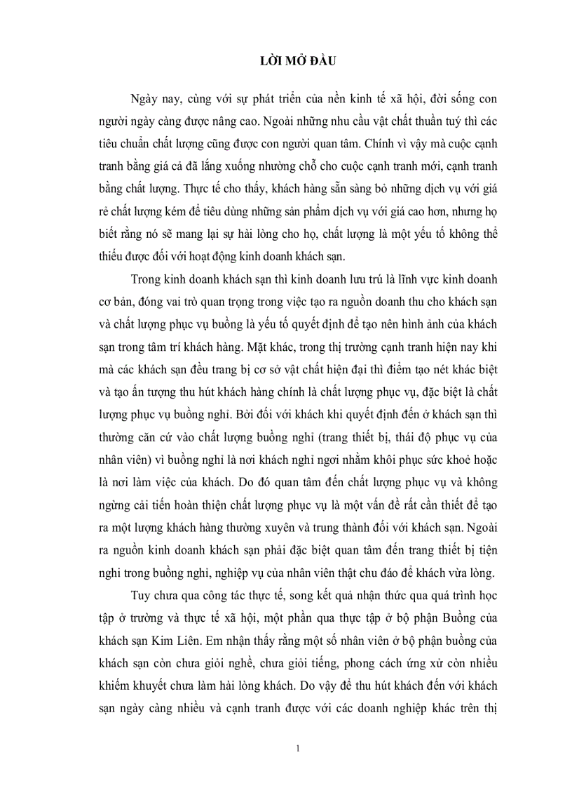 Thực trạng và một số giải pháp nhằm hoàn thiện chất lượng phục vụ buồng tại Khách Sạn Kim Liên