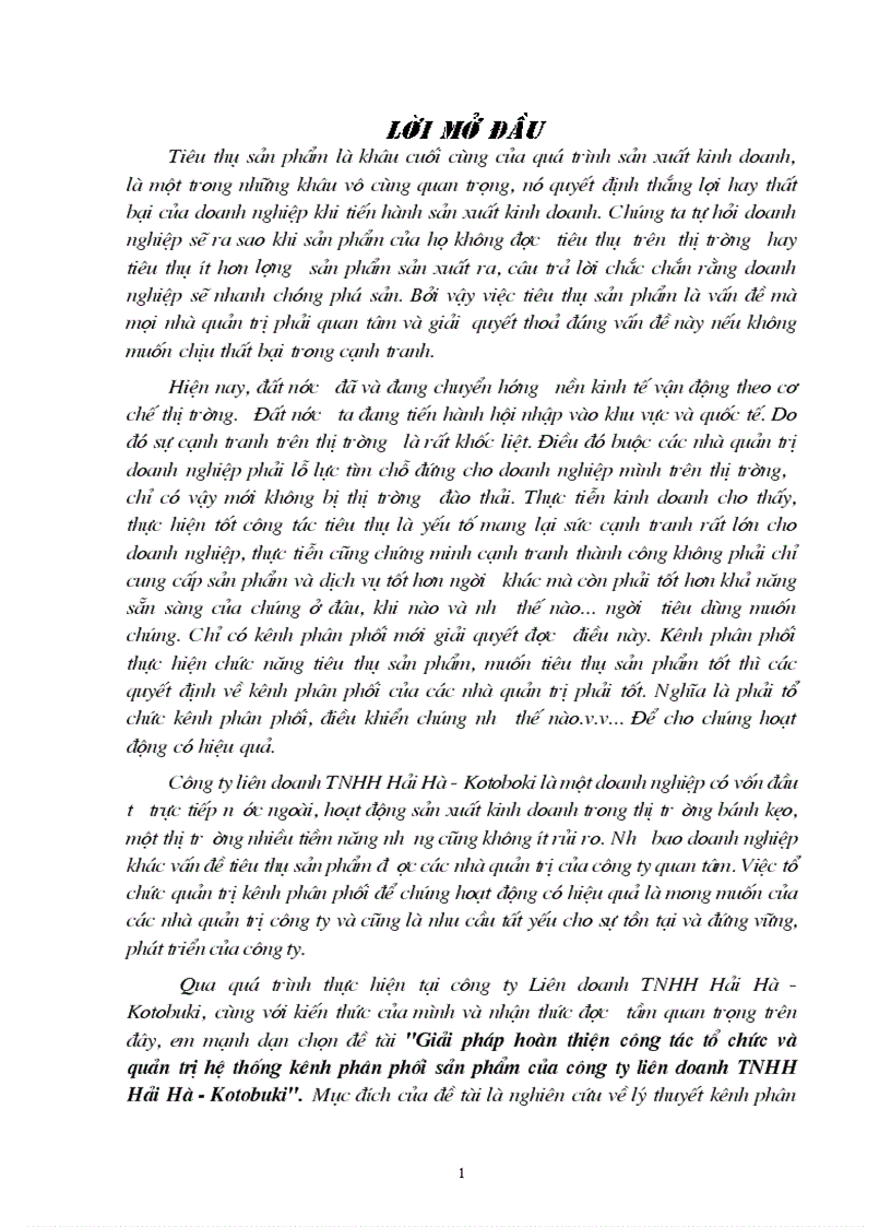 Giải pháp hoàn thiện công tác tổ chức và quản trị hệ thống kênh phân phối sản phẩm của công ty liên doanh TNHH Hải Hà Kotobuki