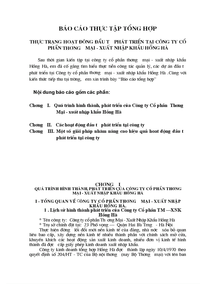 Báo Cáo Thực Tập Tổng Hợp tại công ty cổ phần thương mại xuất nhập khẩu Hồng Ha