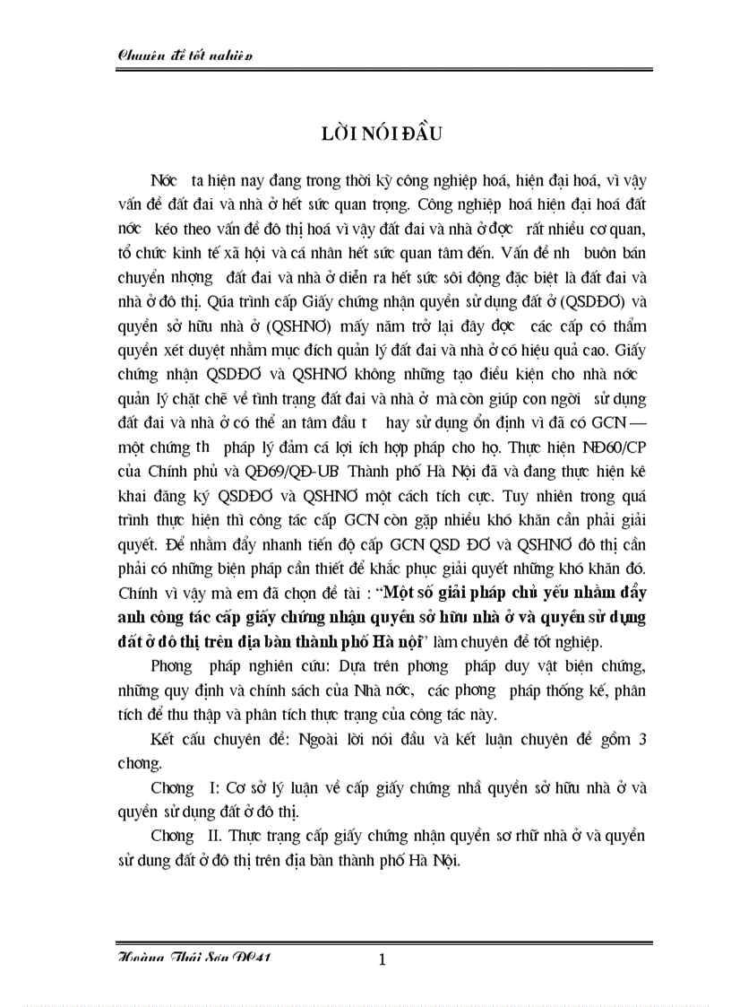 Một số giải pháp chủ yếu nhằm đẩy anh công tác cấp giấy chứng nhận quyền sở hữu nhà ở và quyền sử dụng đất ở đô thị trên địa bàn thành phố Hà nội