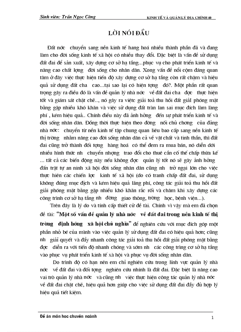 1số vấn đề quản lý nhà nước về đất đai trong nền kinh tế thị trường định hướng XHCN