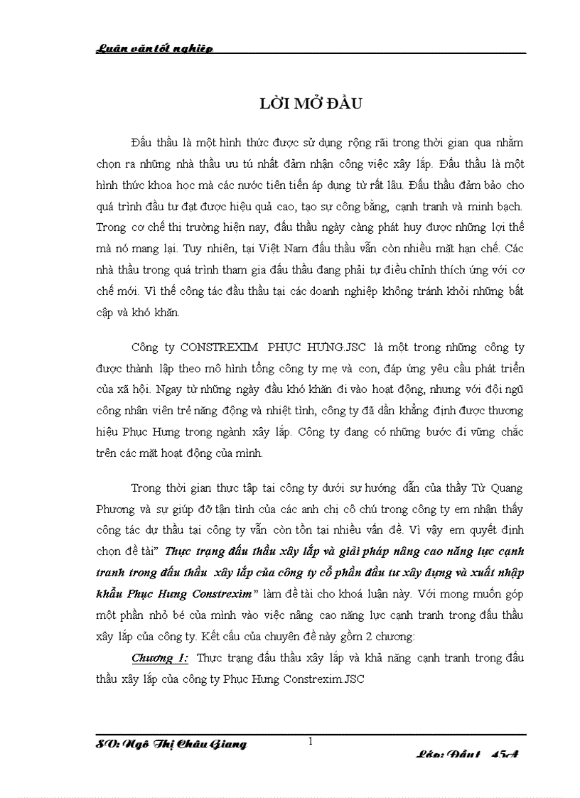 Thực trạng đấu thầu xây lắp và giải pháp nâng cao năng lực cạnh tranh trong đấu thầu xây lắp của công ty cổ phần đầu tư xây dựng và xuất nhập khẩu Phục Hưng Constrexim