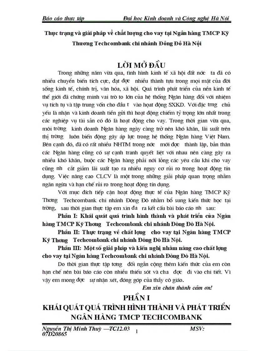 Thực trạng và giải pháp về chất lượng cho vay tại Ngân hàng TMCP Kỹ Thương Techcombank chi nhánh Đông Đô Hà Nội