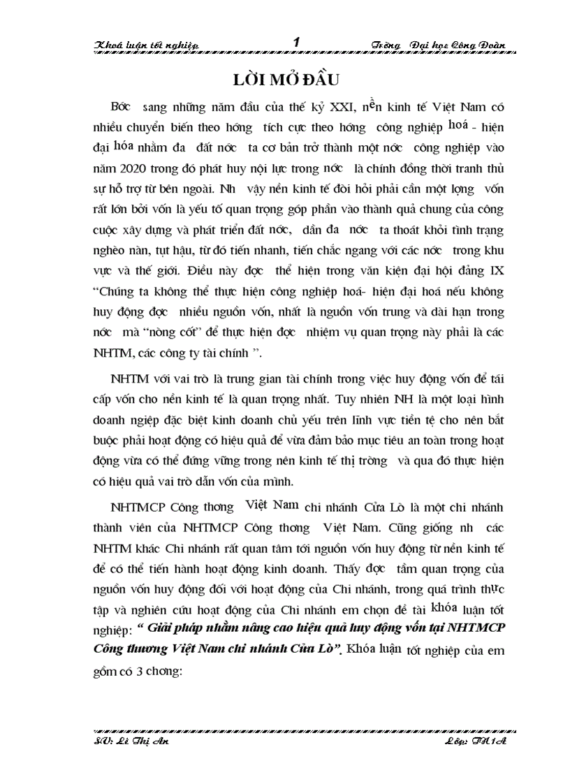 Giải pha p nhằm nõng cao hiệu quả huy động vốn tại Ngân Ha ng Thương Ma i Cô Phâ n Công thương Việt Nam chi nha nh Cửa Lo