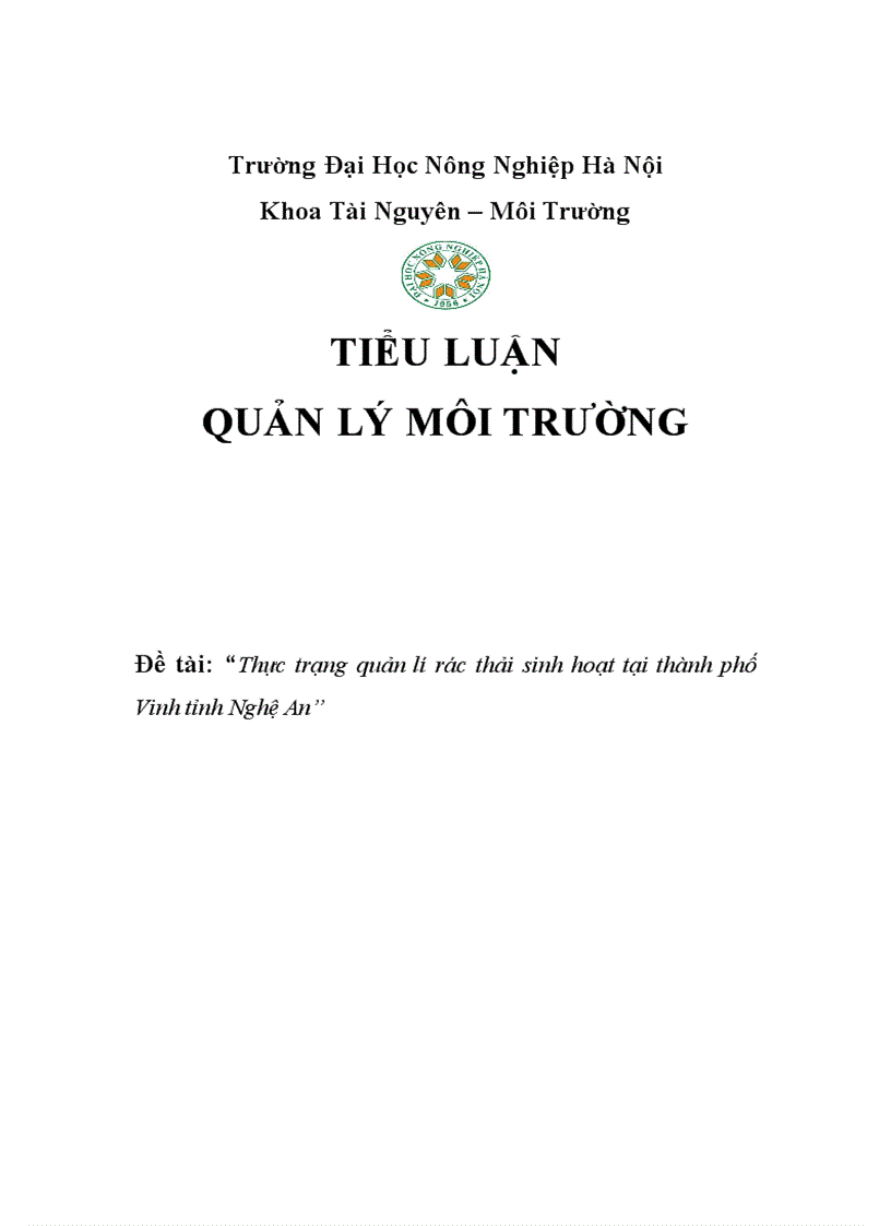 Thực trạng quản lý rác thải sinh hoạt tại thành phố Vinh tỉnh Nghệ An