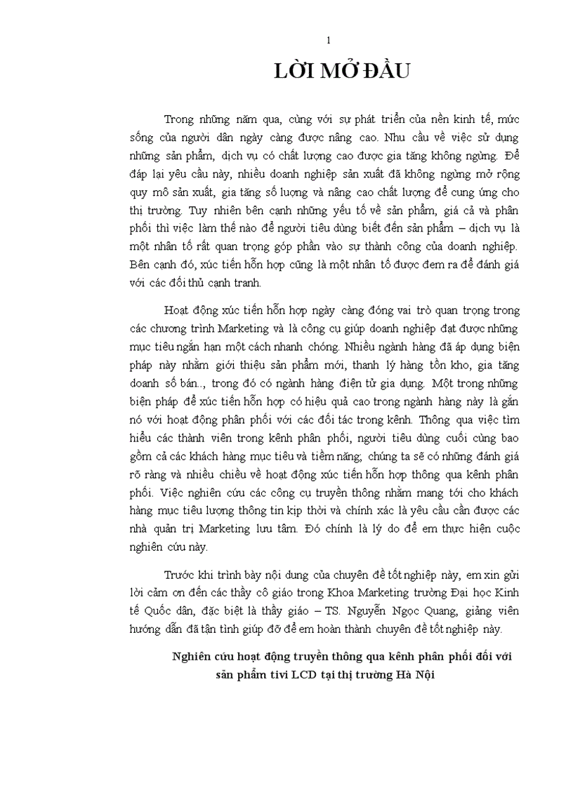 Nghiên cứu hoạt động truyền thông qua kênh phân phối đối với sản phẩm tivi LCD tại thị trường Hà Nội