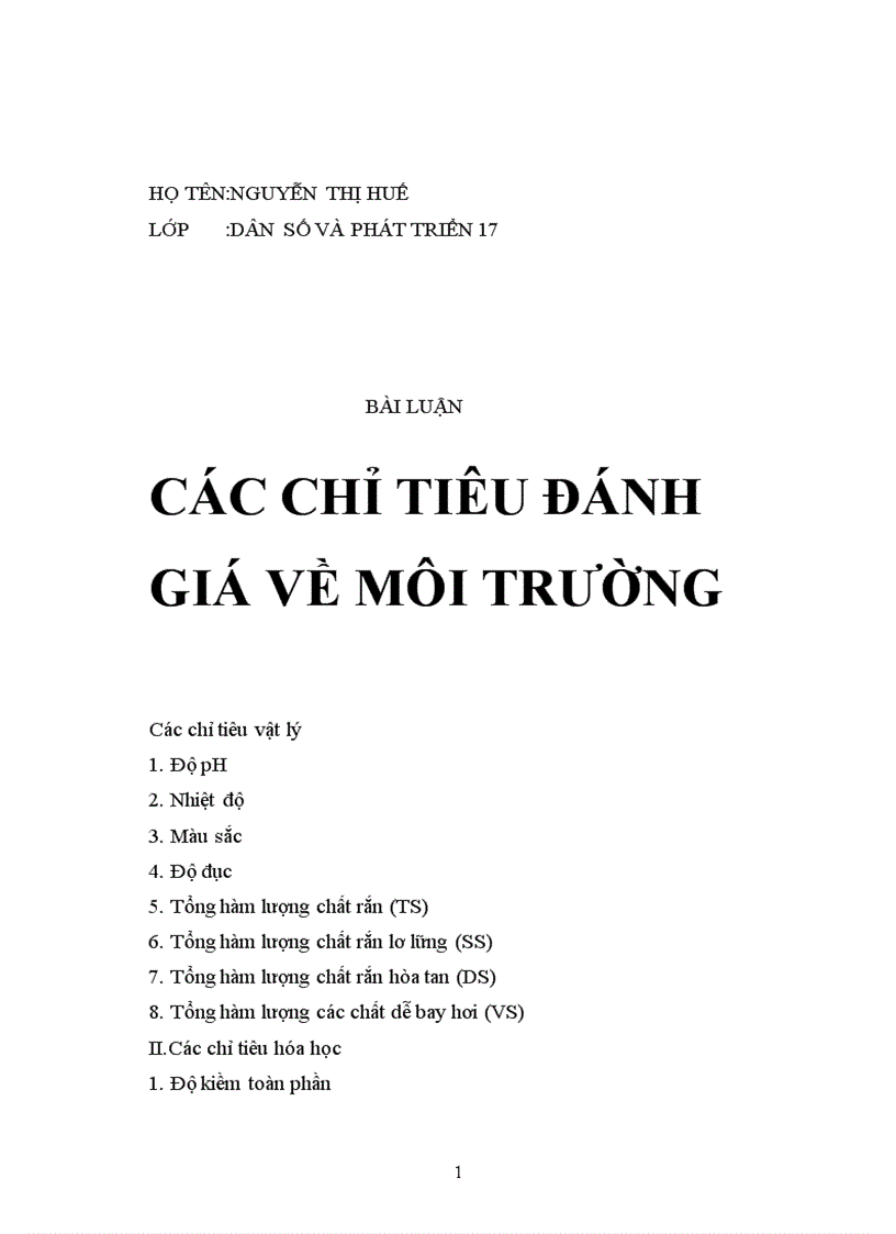 Ca c chi tiêu đa nh gia vê môi trươ ng