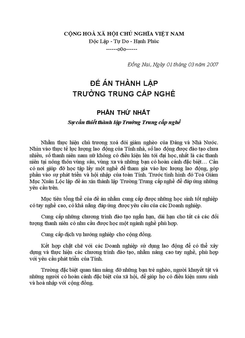 Đề án thành lập trường trung cấp nghề Hoà Bình