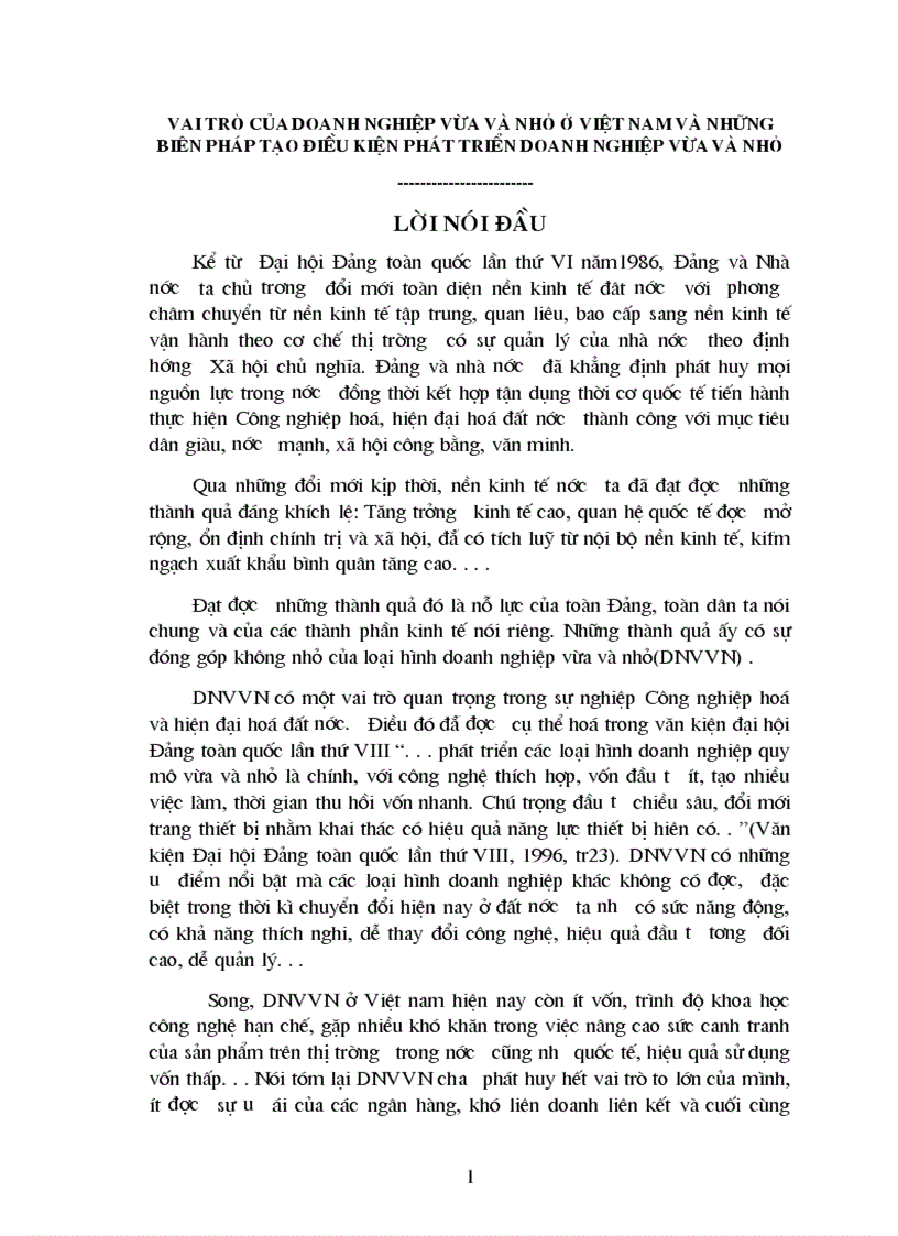 Vai trò của Doanh nghiệp vừa và nhỏ ở Việt Nam và những biên pháp tạo điều kiện phát triển Doanh nghiệp vừa và nhỏ