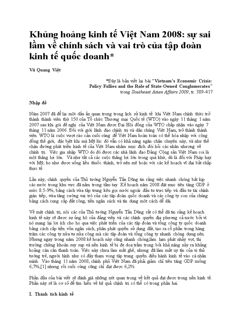 Khủng hoảng kinh tế Việt Nam 2008 sự sai lầm về chính sách và vai trò của tập đoàn kinh tế quốc doanh