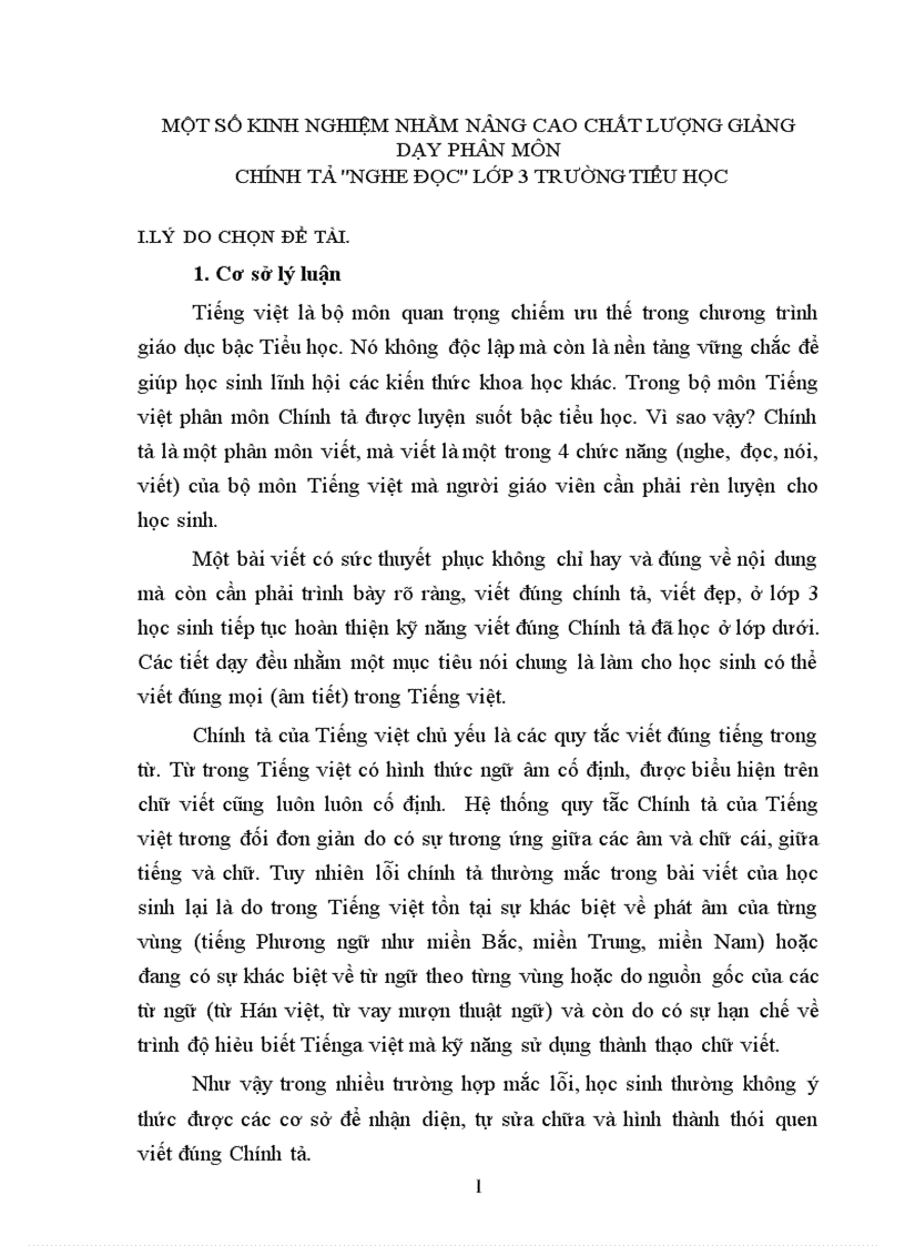 Một số kinh nghiệm nhằm nâng cao chất lượng giảng dạy phân môn chính tả nghe đọc lớp 3 trường tiểu học