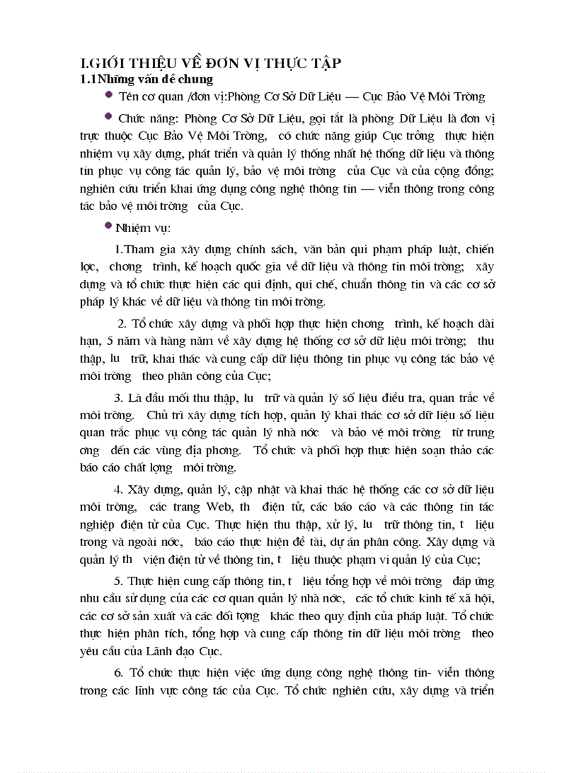 Báo cáo thực tập tại Phòng Cơ Sở Dữ Liệu Cục Bảo Vệ Môi Trường