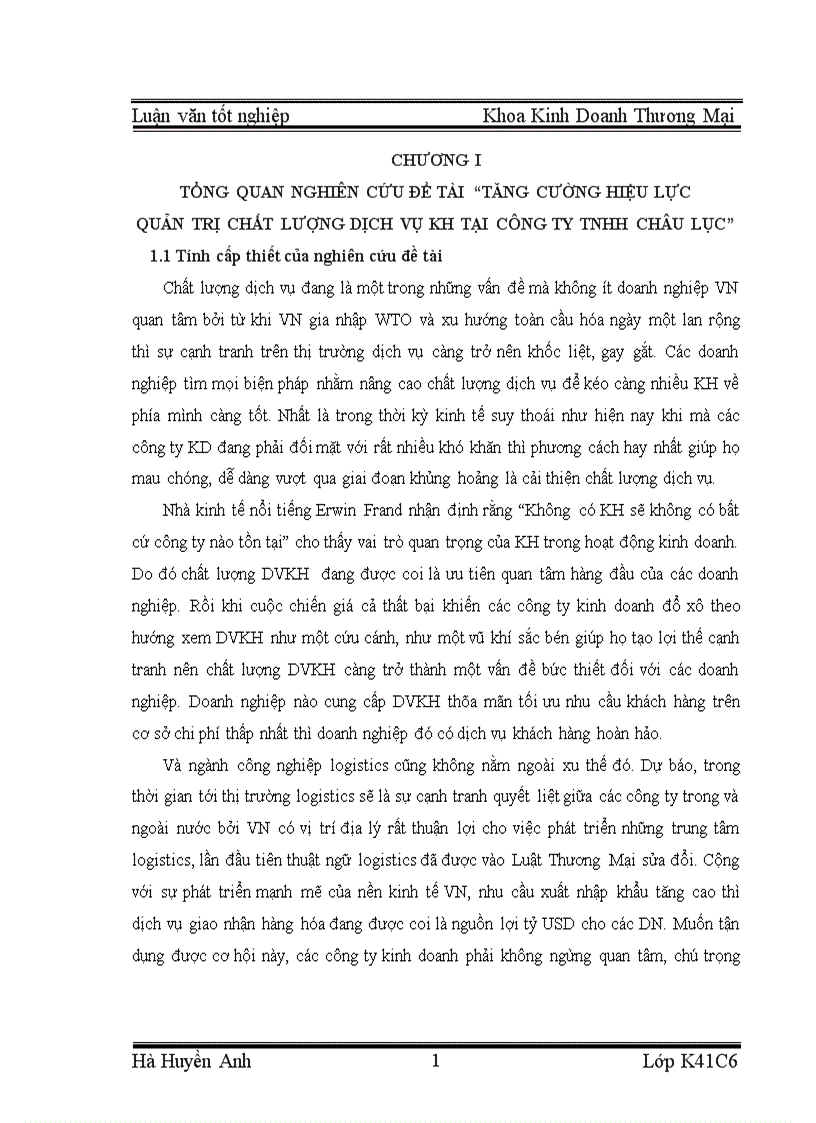 Tăng cường hiệu lực quản trị chất lượng dịch vụ khách hàng tại công ty TNHH Châu Lục