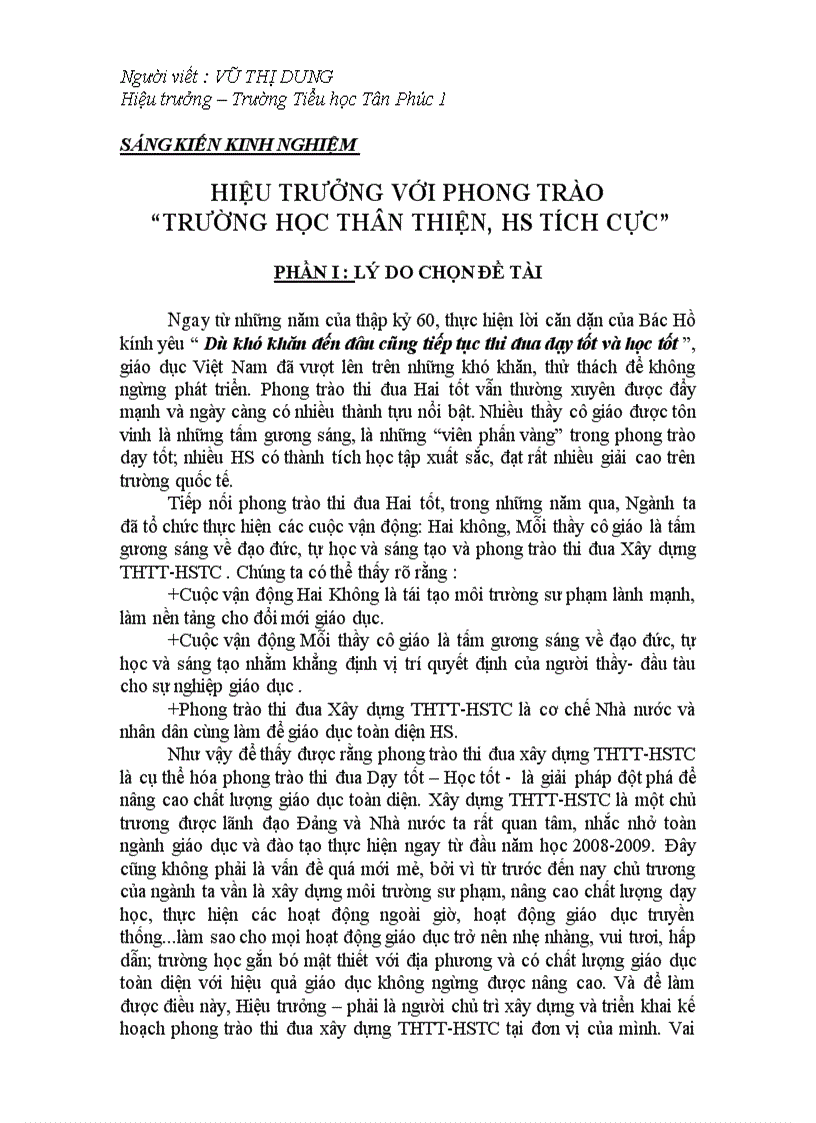Hiệu trưởng với phong trào trường học thân thiện hs tích cực
