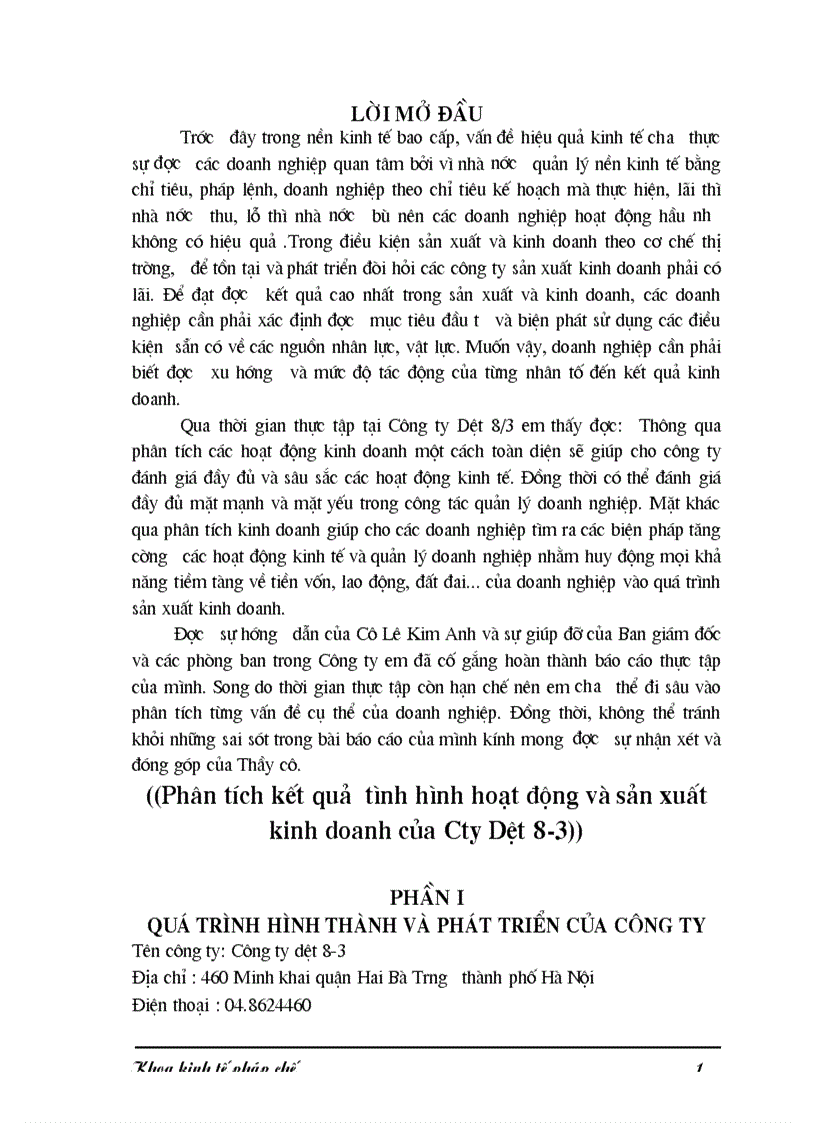 Phân tích kết quả tình hình hoạt động và sản xuất kinh doanh của Cty Dệt 8 3