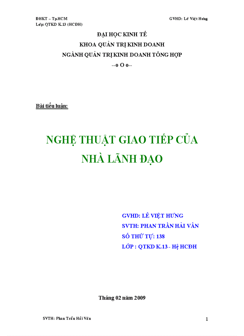 Giao tiếp kinh doanh vời đề tài Kỹ năng giao tiếp của nhà lãnh đạo