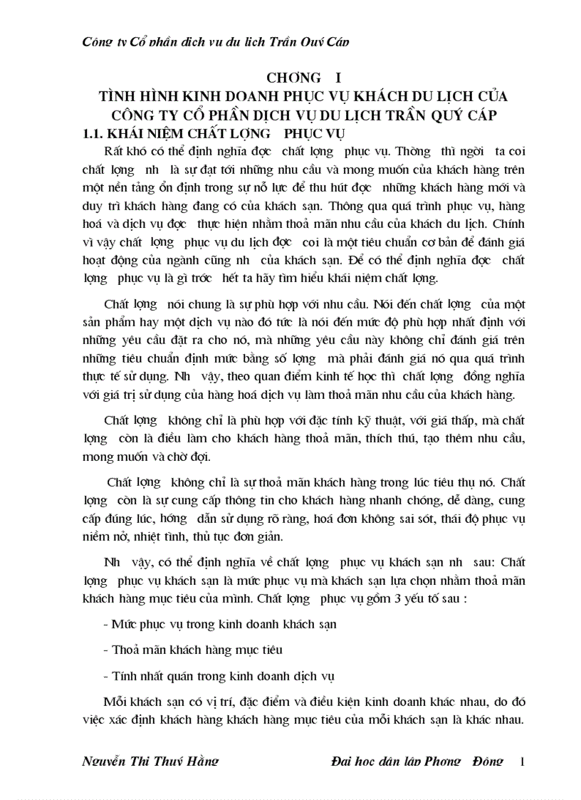 Thực trạng chất lượng phục vụ tại Cụng ty cổ phần dịch vụ du lịch trần quý cấp