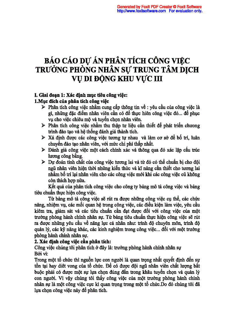 Báo cáo dự án phân tích công việc trưởng phòng nhân sự trung tâm dịch vụ di động khu vực iii