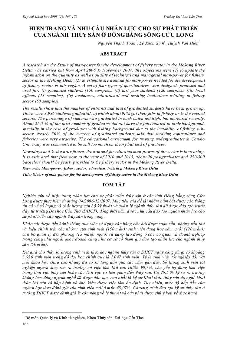 Hiện trạng và nhu cầu nhân lực cho sự phát triển của ngành thủy sản ở đồng bằng sông cửu long
