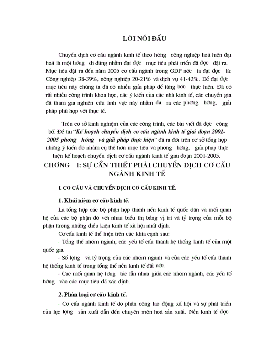 Kế hoạch chuyển dịch cơ cấu ngành kinh tế giai đoạn 2001 2005 phương hướng và giải pháp thực hiện