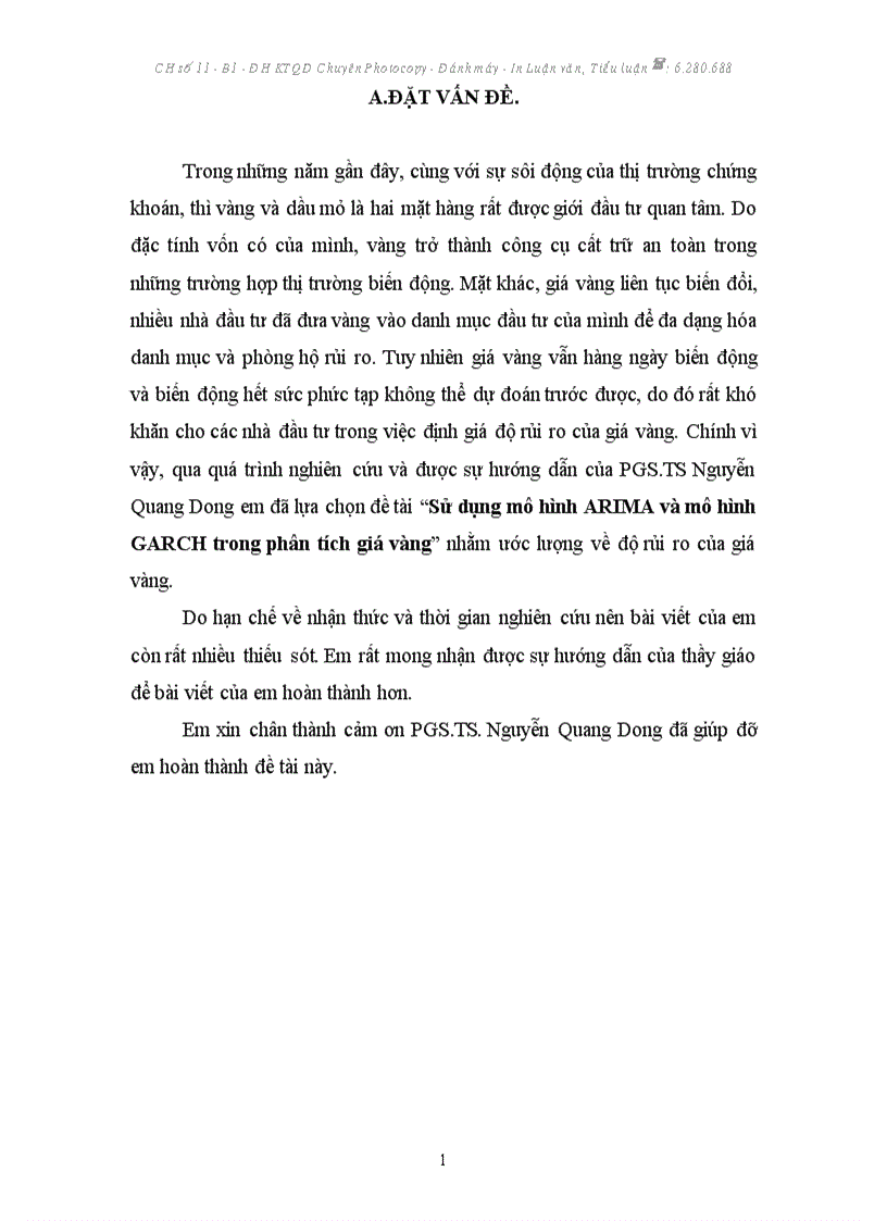 Sử dụng mô hình ARIMA và mô hình GARCH trong phân tích giá vàng