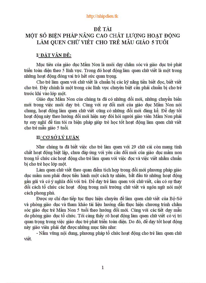 Một số biện pháp nâng cao chất lượng hoạt động làm quen chữ viết cho trẻ mẫu giáo 5 tuổi