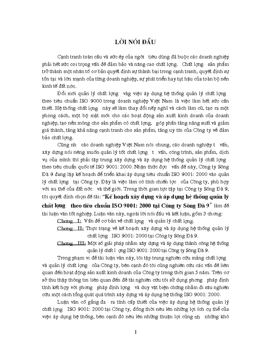 Kế hoạch xây dựng và áp dụng hệ thống quản lý chất lượng theo tiêu chuẩn ISO 9001 2000 tại Công ty Sông Đà 9