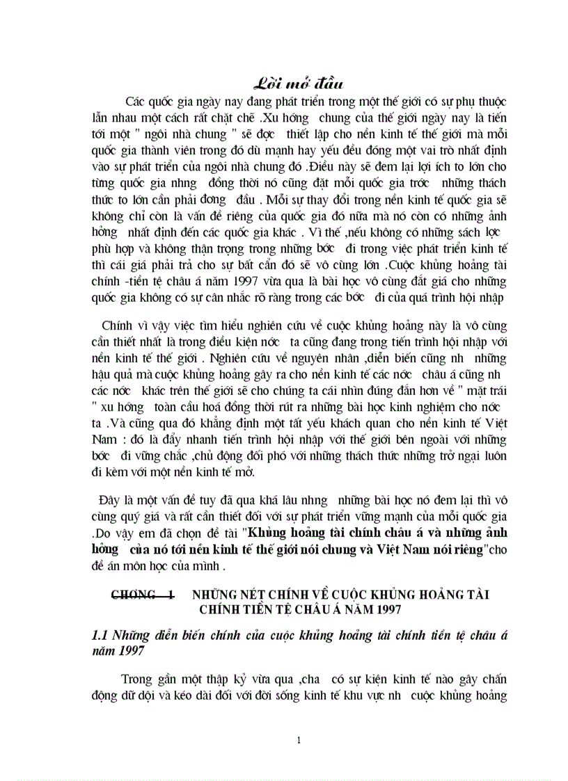 Khủng hoảng tài chính châu á và những ảnh hưởng của nó tới nền kinh tế thế giới nói chung và Việt Nam nói rieng