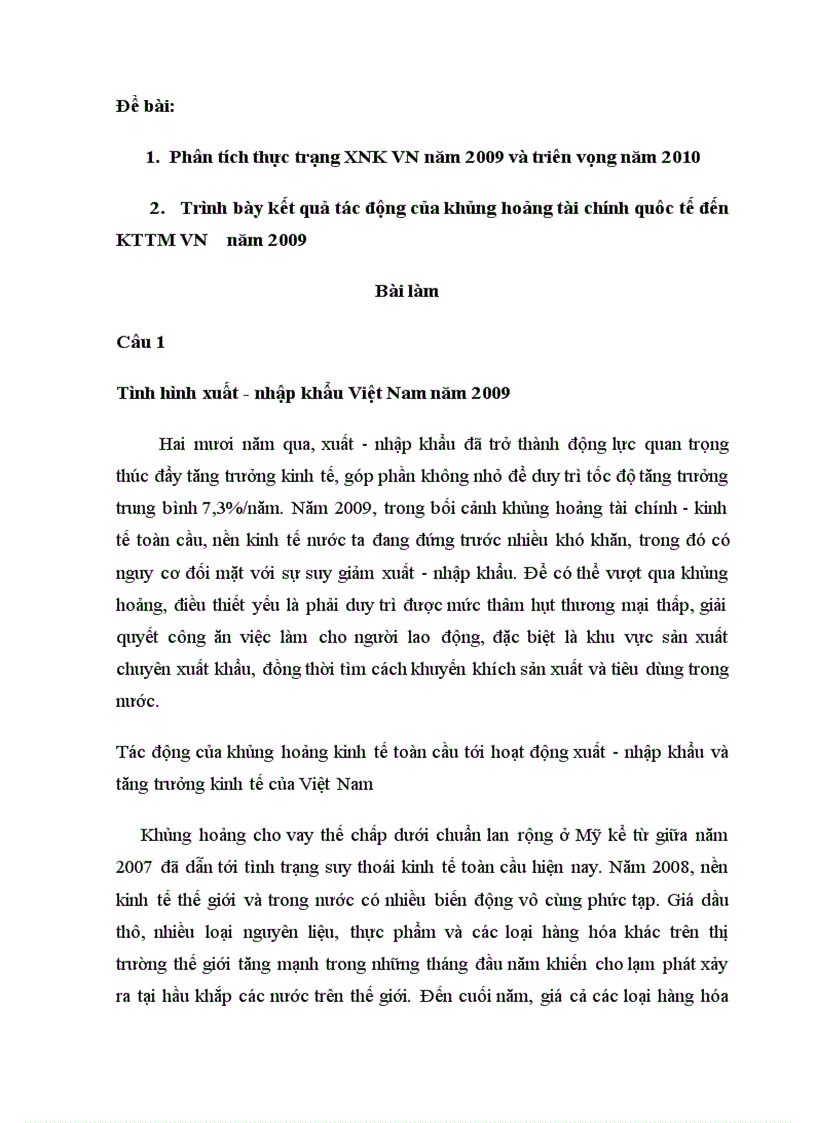 Phân tích thực trạng Xuâ t nhâ p khâ u Viê t Nam năm 2009 và triên vọng năm 2010