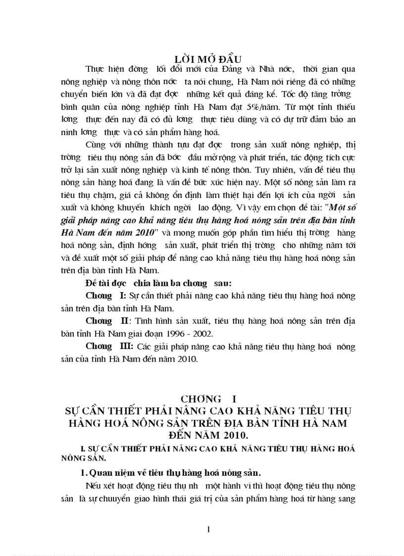 Một số giải pháp nâng cao khả năng tiêu thụ hàng hoá nông sản trên địa bàn tỉnh Hà Nam đến năm 2010