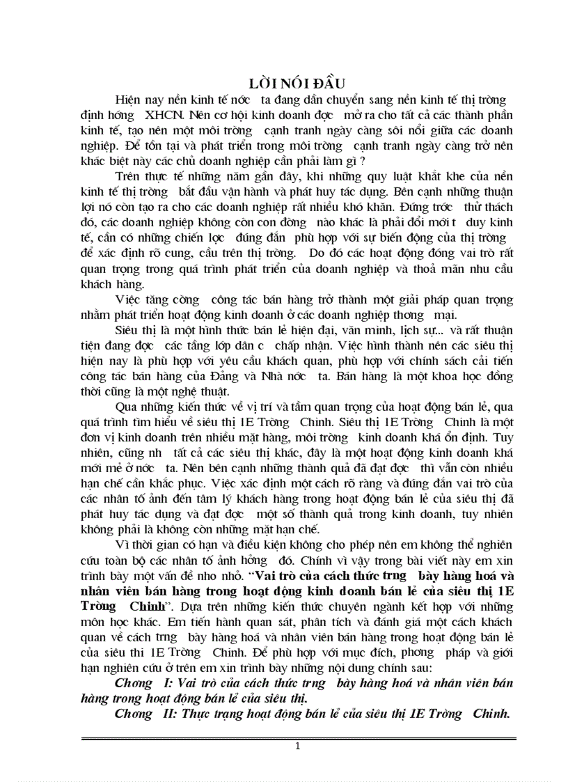 Vai trò của cách thức trưng bày hàng hoá và nhân viên bán hàng trong hoạt động kinh doanh bán lẻ của siêu thị 1E Trường Chinh