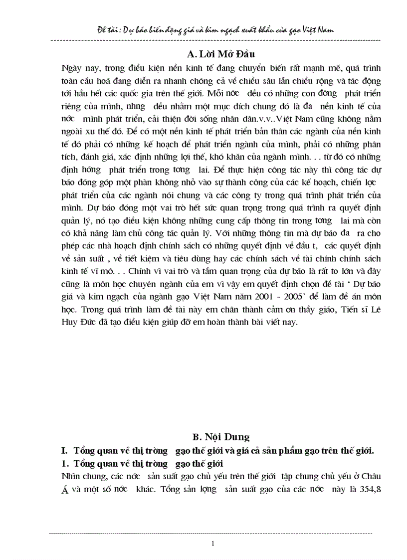 Dự báo giá và kim ngạch của ngành gạo Việt Nam năm 2001 2005