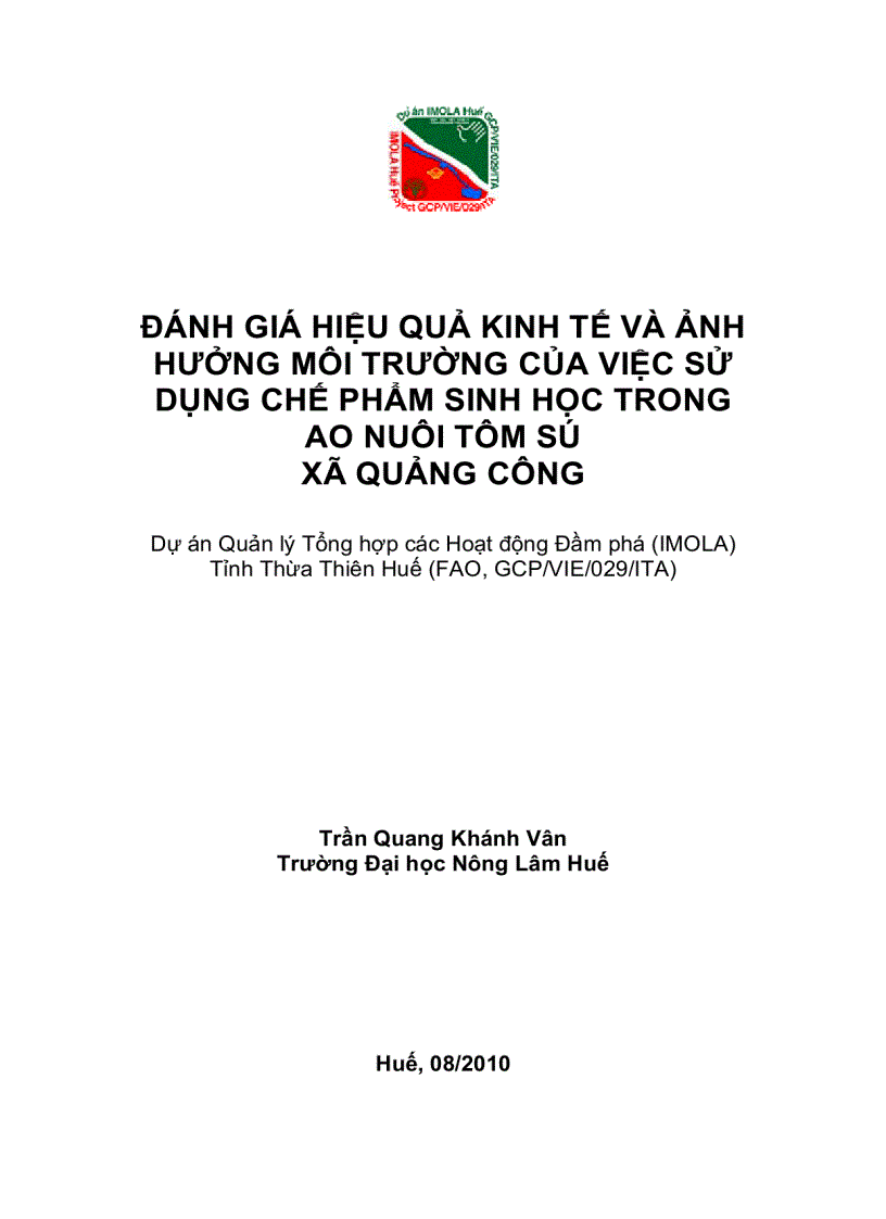 Đánh giá hiệu quả kinh tế và ảnh hưởng môi trường của việc sử dụng chế phẩm sinh học trong việc nuôi tôm sú xã Quảng Công