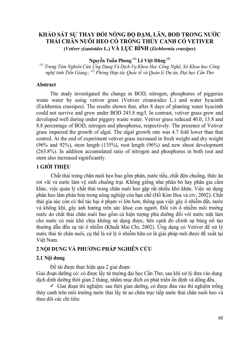 Khảo sát sự thay đổi nồng độ đạm lân bod trong nước thải chăn nuôi heo có trồng thủy canh cỏ và lục bình