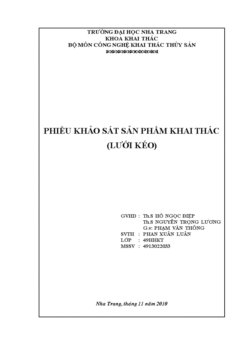 Phiếu khảo sát sản phẩm khai thác Lưới kéo